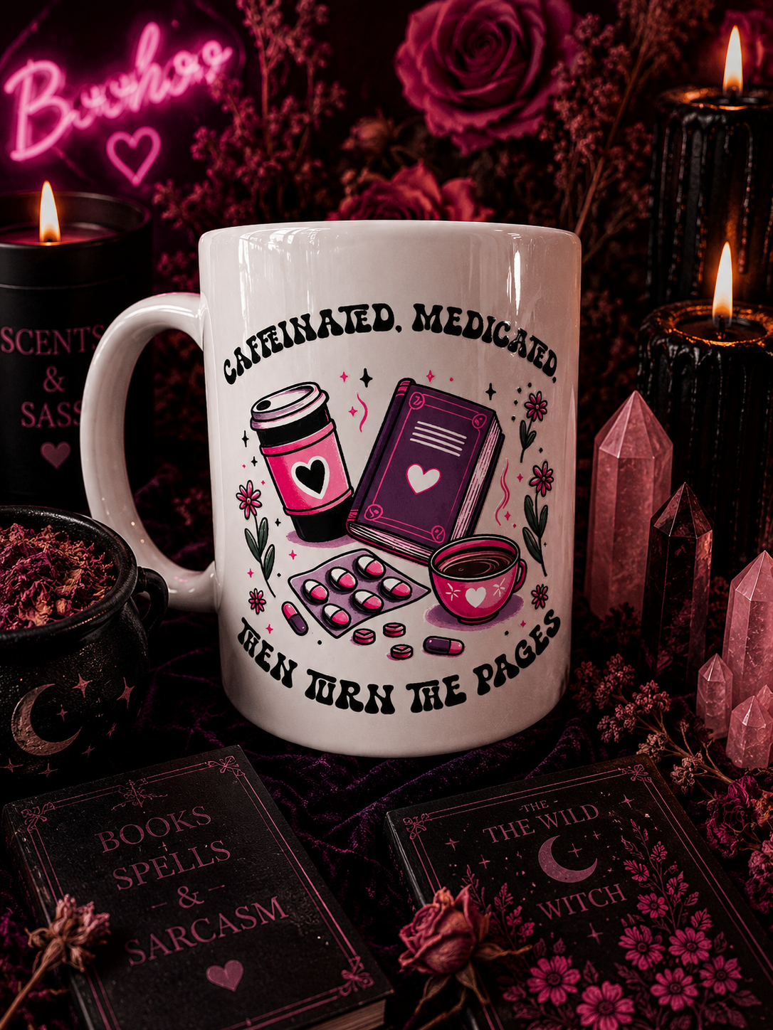 " Caffienated, Medicated & Then turn the pages " Mug